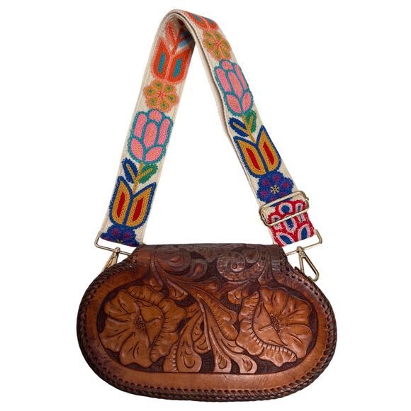 Vintage 1970s Tooled Leather Floral Crossbody Bag with Embroidered Strap - Picture 2 of 14